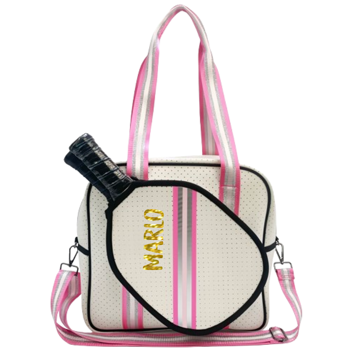 "Pink Frost" White and Pink/Silver Trim Pickleball Sports Bag (Free Customization) | Medium Size Court Bag