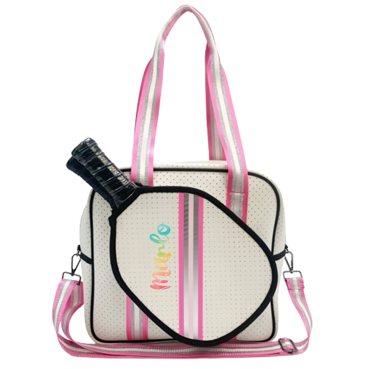 "Pink Frost" White and Pink/Silver Trim Pickleball Sports Bag (Free Customization) | Medium Size Court Bag