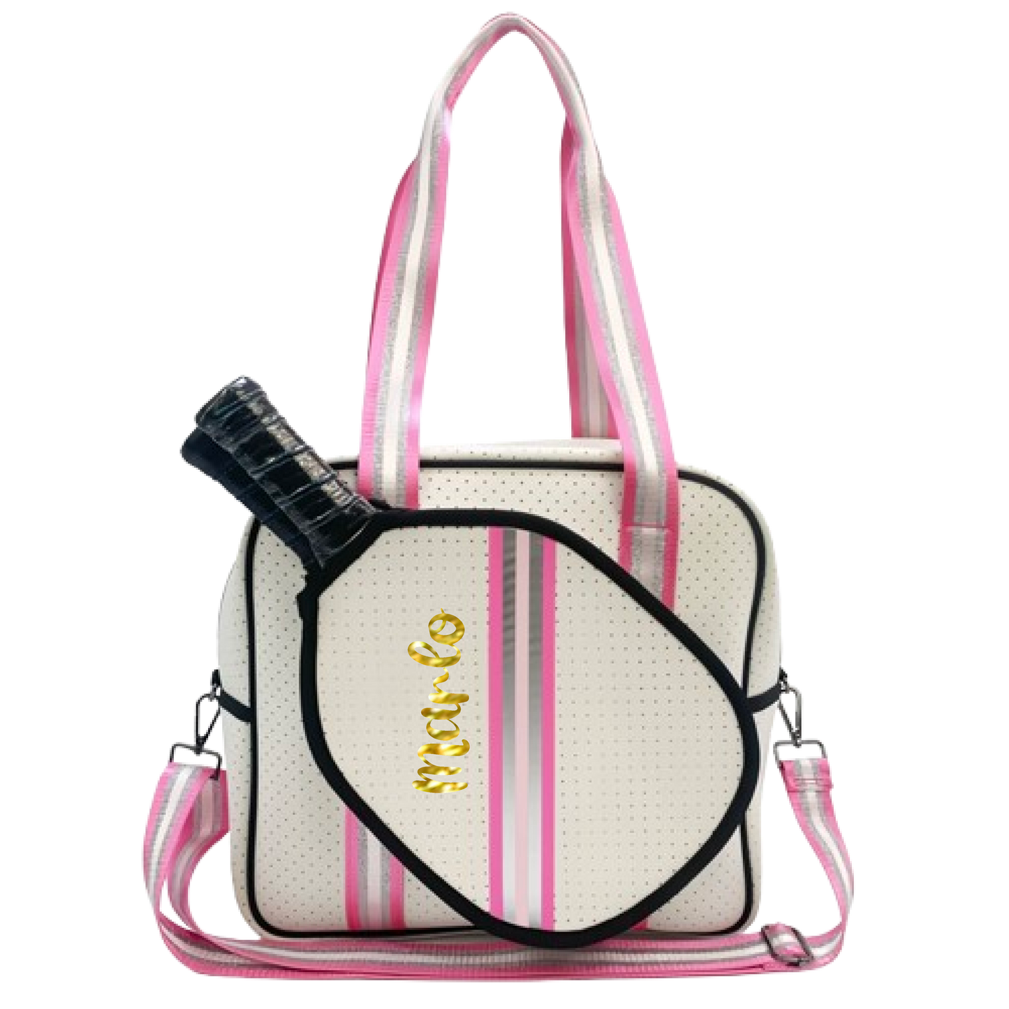 "Pink Frost" White and Pink/Silver Trim Pickleball Sports Bag (Free Customization) | Medium Size Court Bag