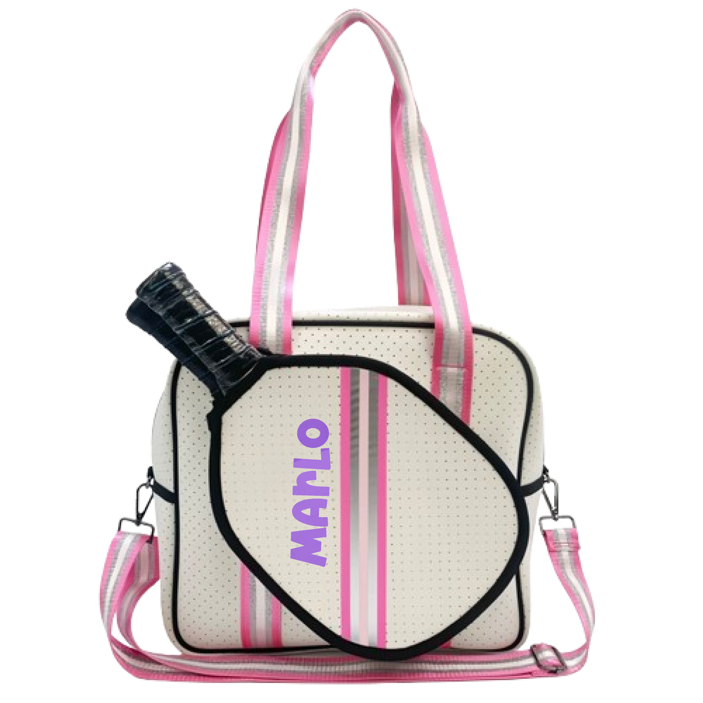 "Pink Frost" White and Pink/Silver Trim Pickleball Sports Bag (Free Customization) | Medium Size Court Bag
