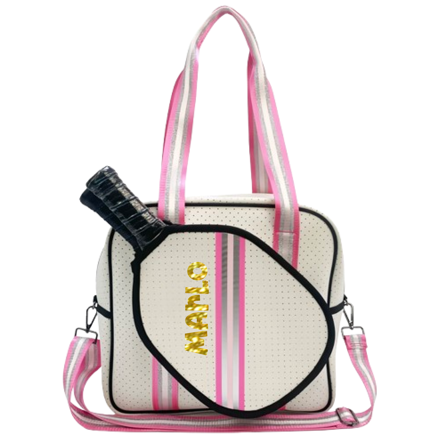 "Pink Frost" White and Pink/Silver Trim Pickleball Sports Bag (Free Customization) | Medium Size Court Bag