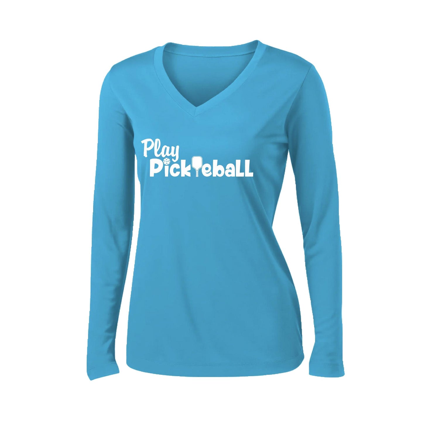 Play Pickleball | Women’s Long Sleeve V-Neck Pickleball Performance T-Shirt | 100% Polyester