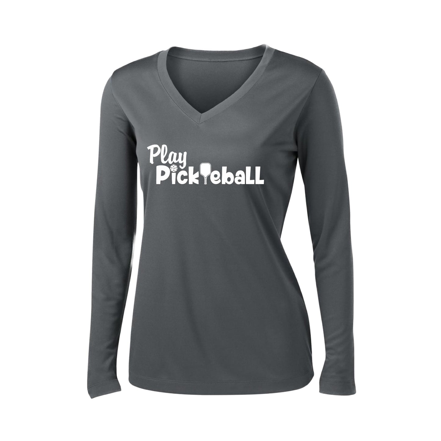 Play Pickleball | Women’s Long Sleeve V-Neck Pickleball Performance T-Shirt | 100% Polyester