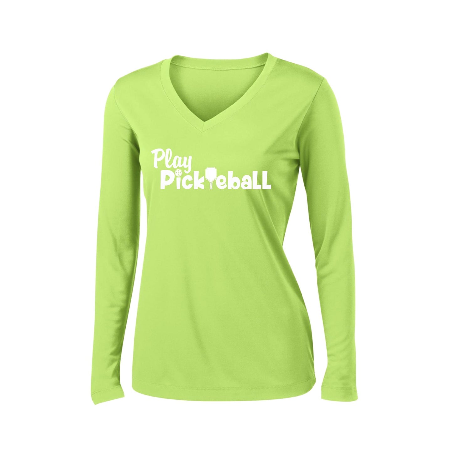 Play Pickleball | Women’s Long Sleeve V-Neck Pickleball Performance T-Shirt | 100% Polyester