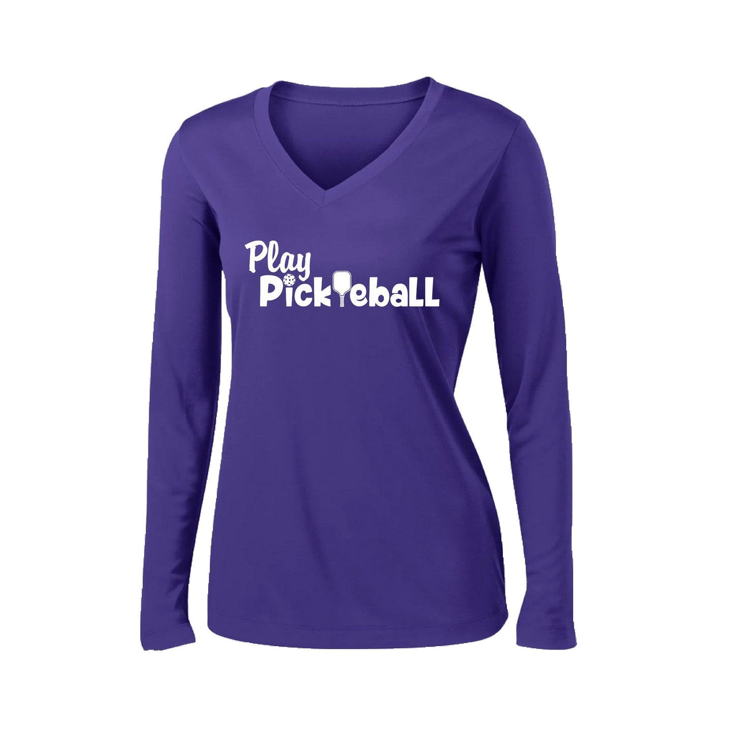 Play Pickleball | Women’s Long Sleeve V-Neck Pickleball Performance T-Shirt | 100% Polyester
