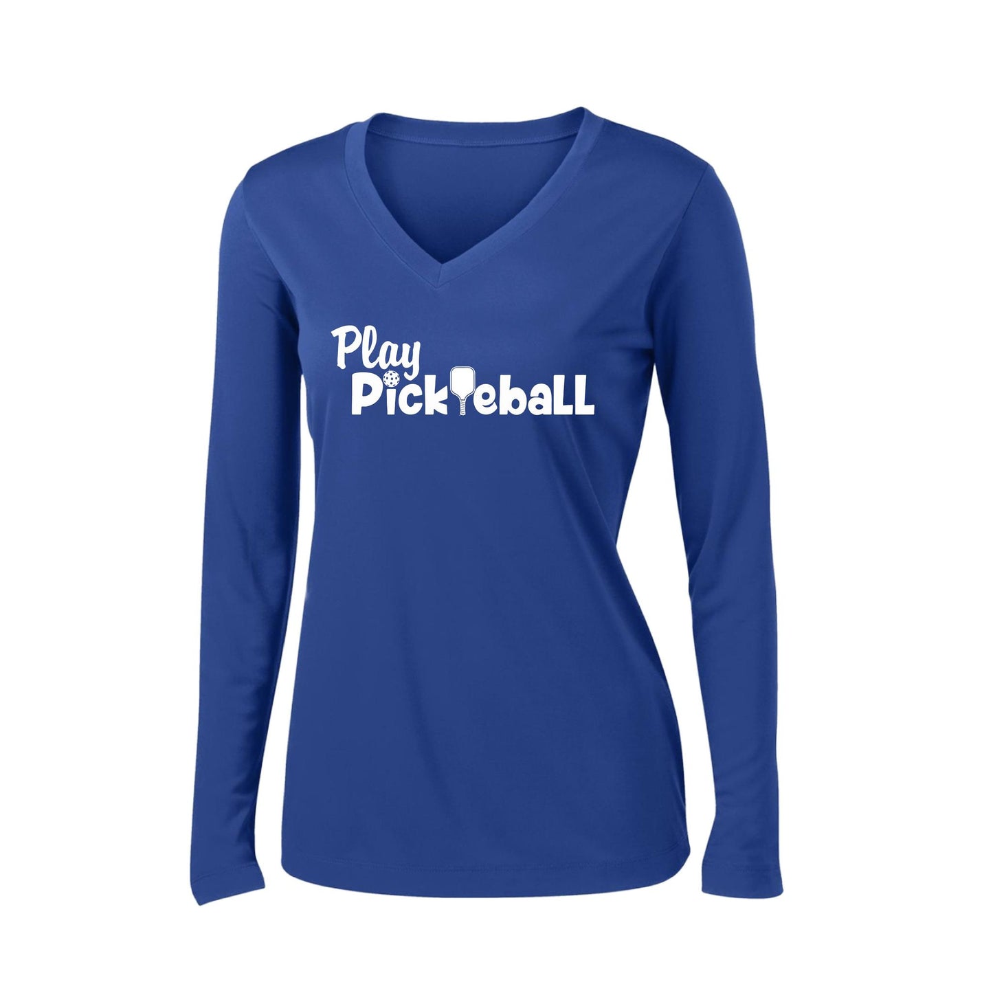 Play Pickleball | Women’s Long Sleeve V-Neck Pickleball Performance T-Shirt | 100% Polyester