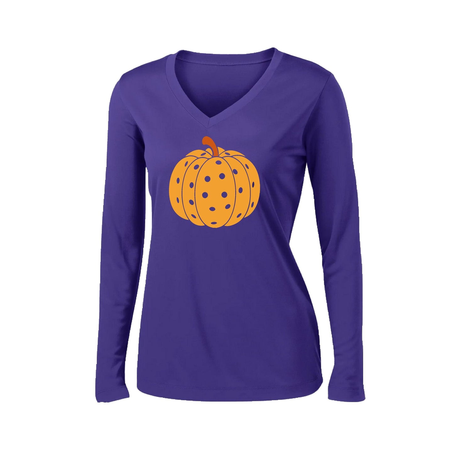 Pumpkin Pickleball | Women’s Long Sleeve V-Neck Pickleball Performance T-Shirt | 100% Polyester