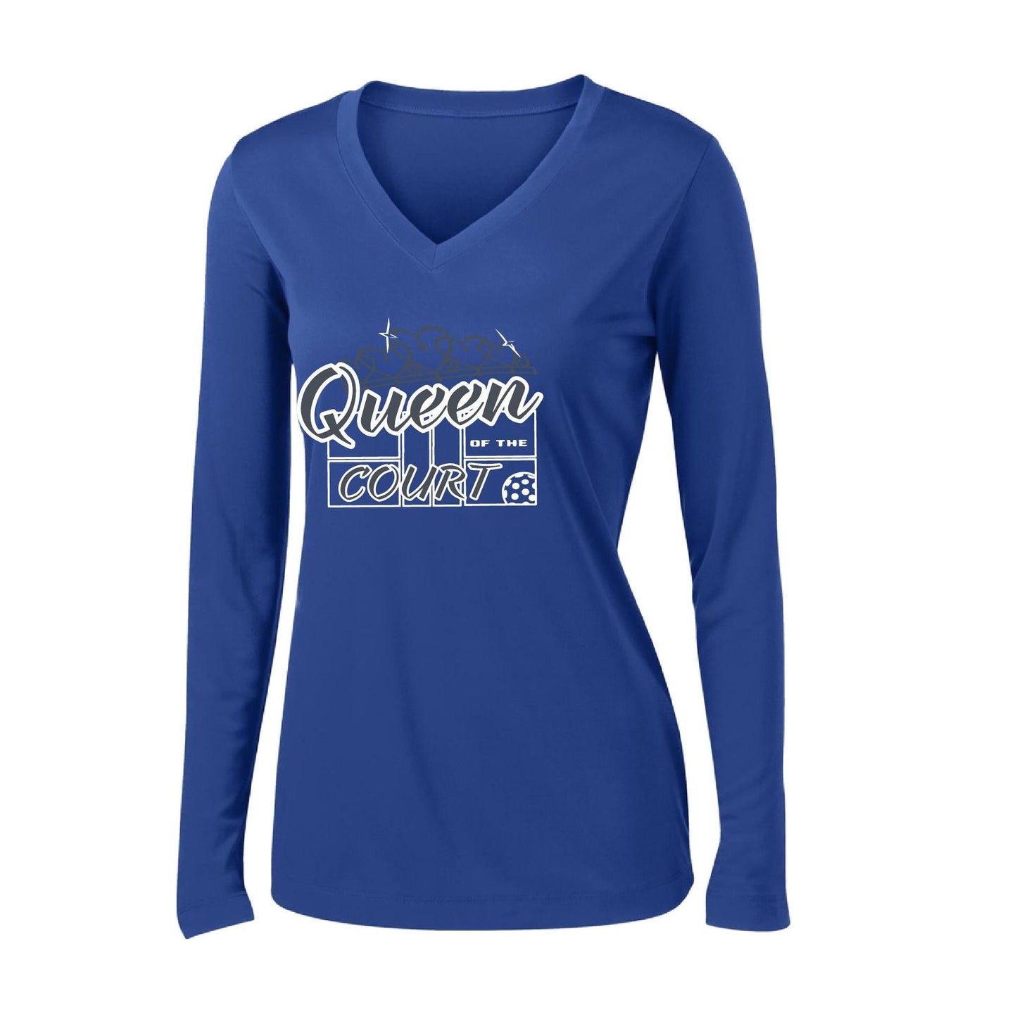Queen Of The Pickleball Court | Women’s Long Sleeve V-Neck Pickleball Performance T-Shirt | 100% Polyester