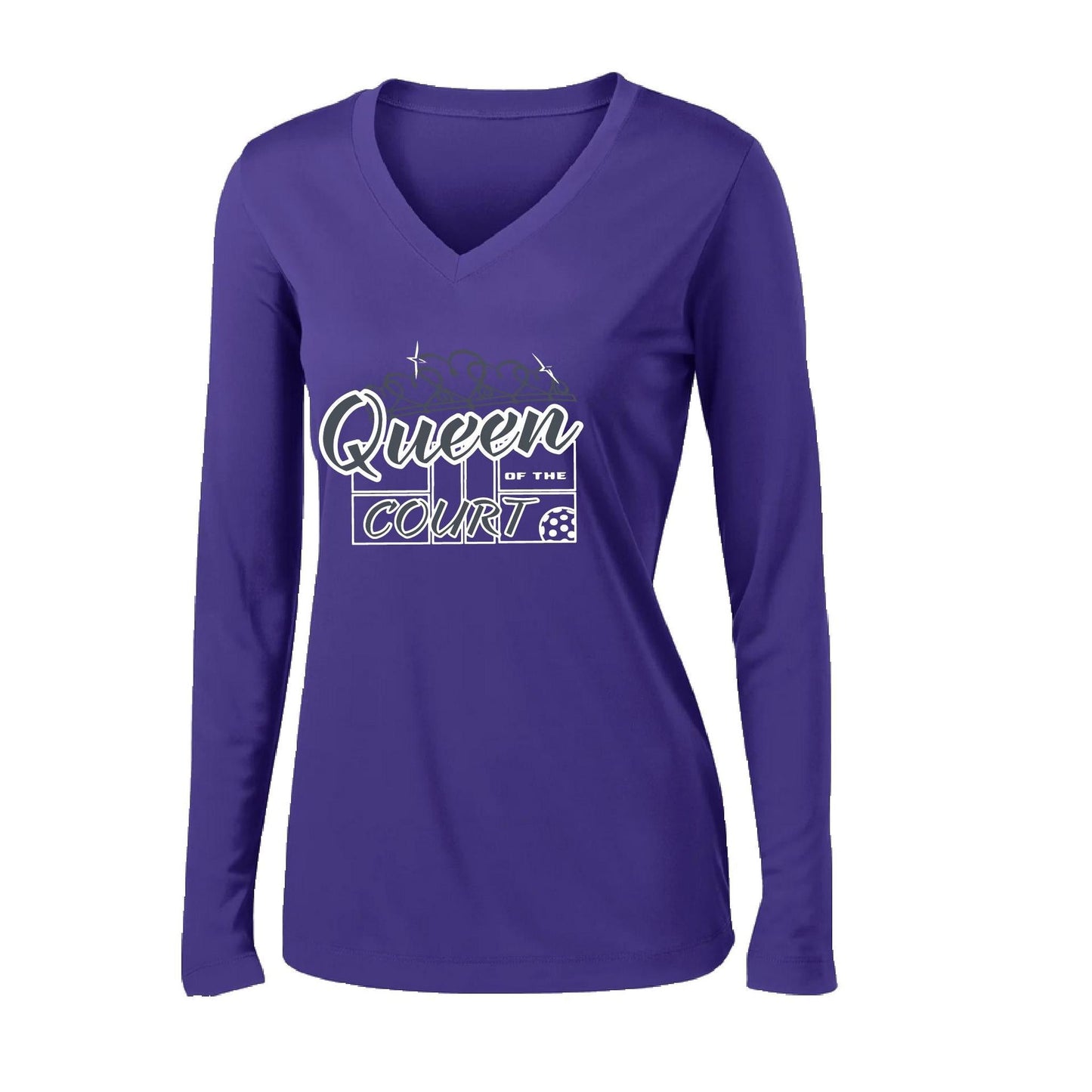 Queen Of The Pickleball Court | Women’s Long Sleeve V-Neck Pickleball Performance T-Shirt | 100% Polyester