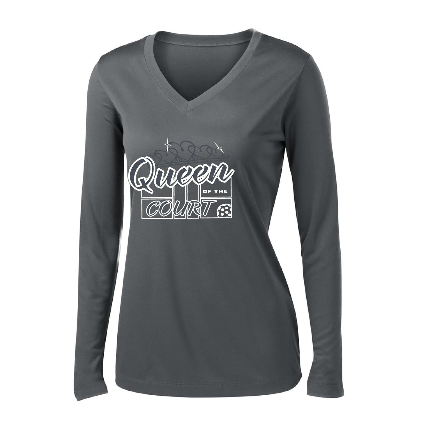 Queen Of The Pickleball Court | Women’s Long Sleeve V-Neck Pickleball Performance T-Shirt | 100% Polyester