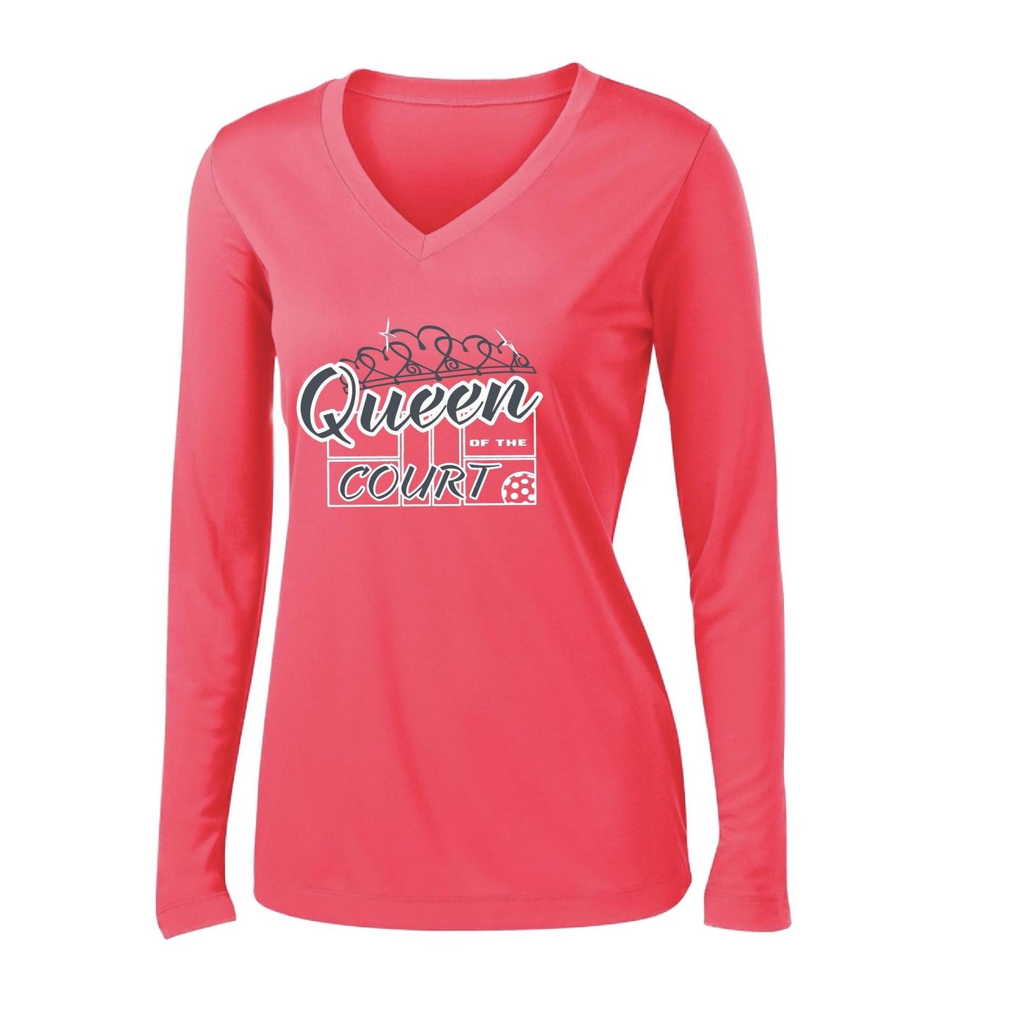 Queen Of The Pickleball Court | Women’s Long Sleeve V-Neck Pickleball Performance T-Shirt | 100% Polyester