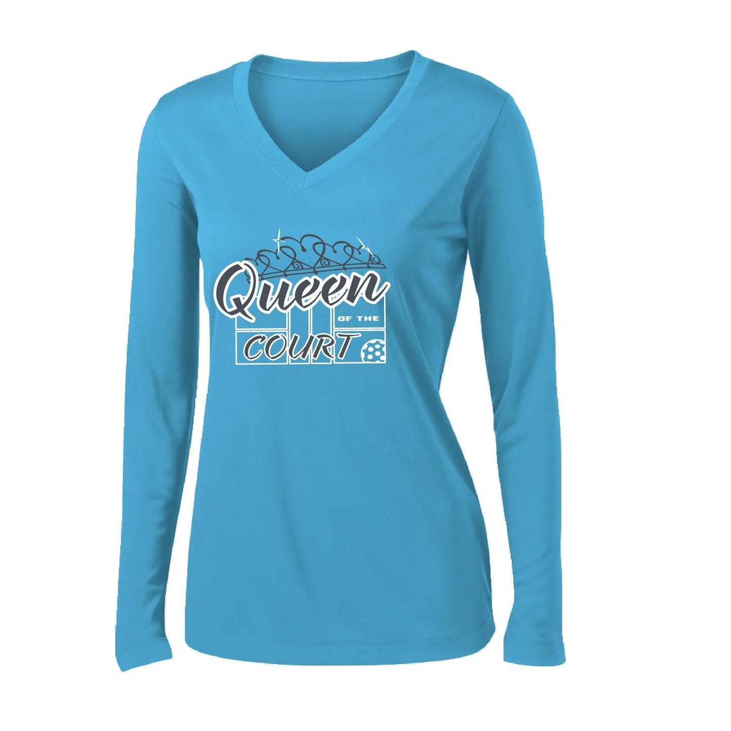 Queen Of The Pickleball Court | Women’s Long Sleeve V-Neck Pickleball Performance T-Shirt | 100% Polyester