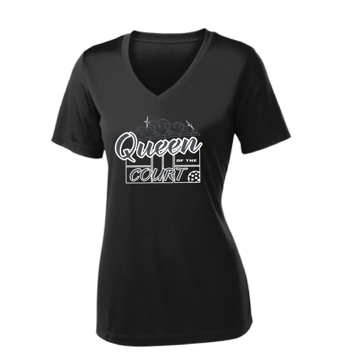 Queen Of The Pickleball Court | Women's Short Sleeve V-Neck Pickleball Performance T-Shirts | 100% Polyester