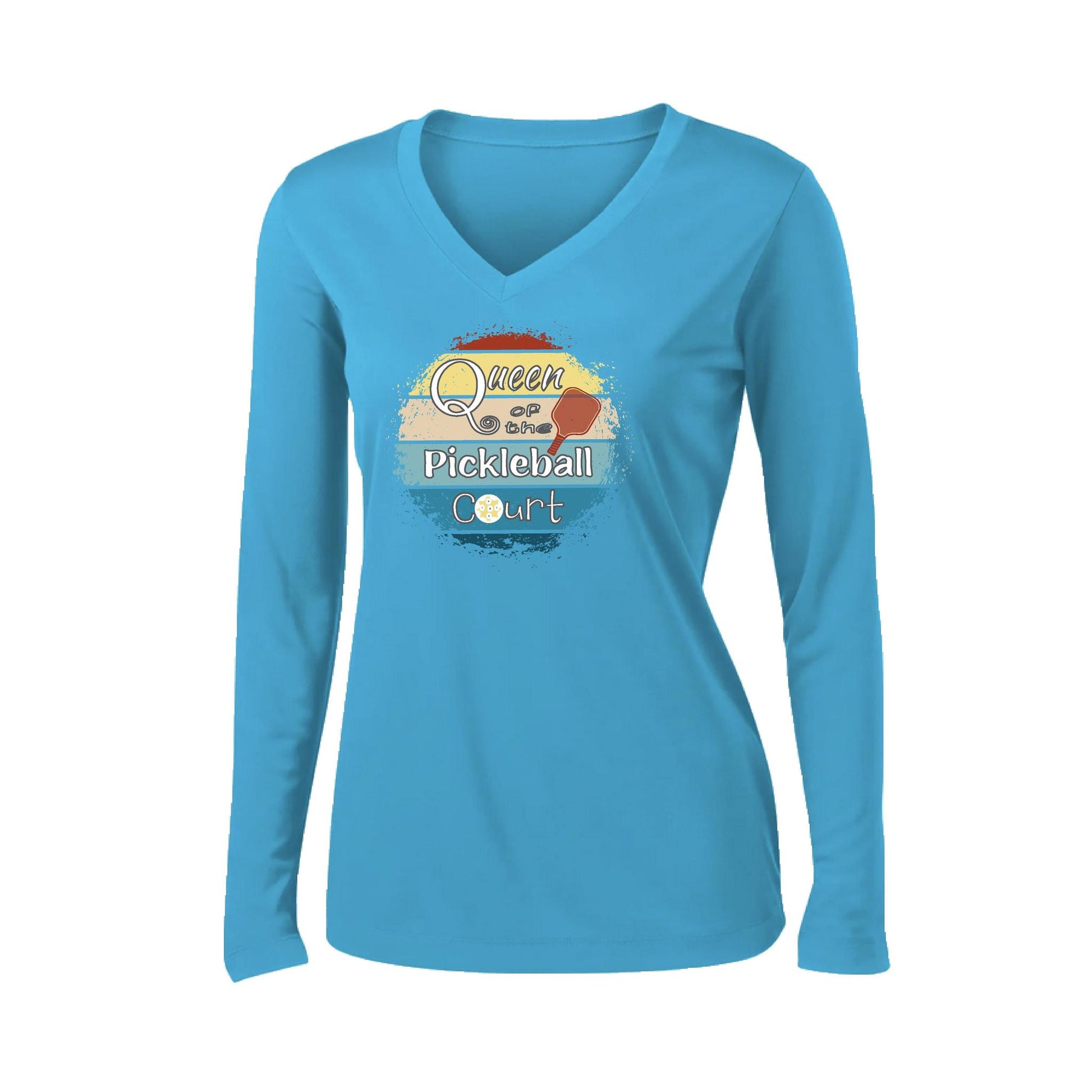 Queen of the Pickleball Court | Women’s Long Sleeve V-Neck Pickleball Performance T-Shirt | 100% Polyester