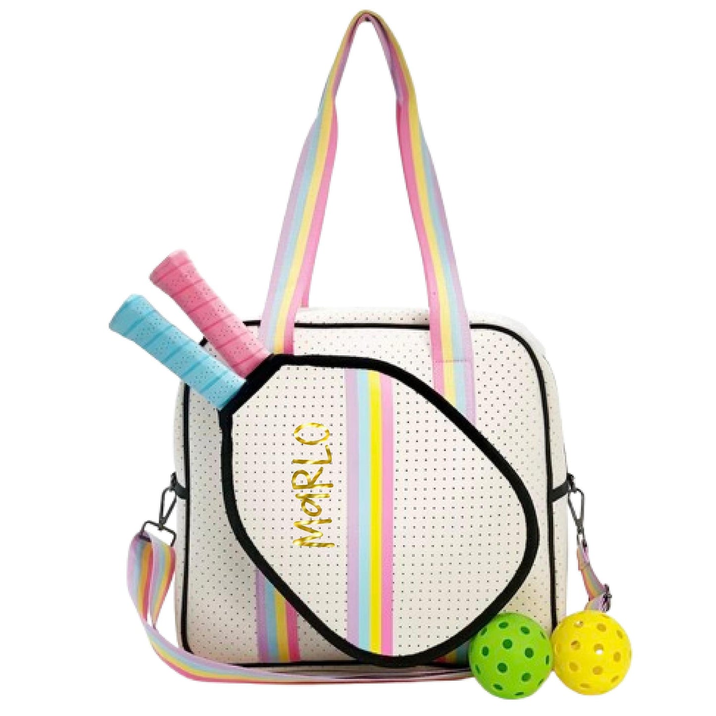 "Rainbow Bliss" White with Pink/Blue/Yellow Trim Pickleball Sports Bag (Free Customization) | Medium Size Court Bag