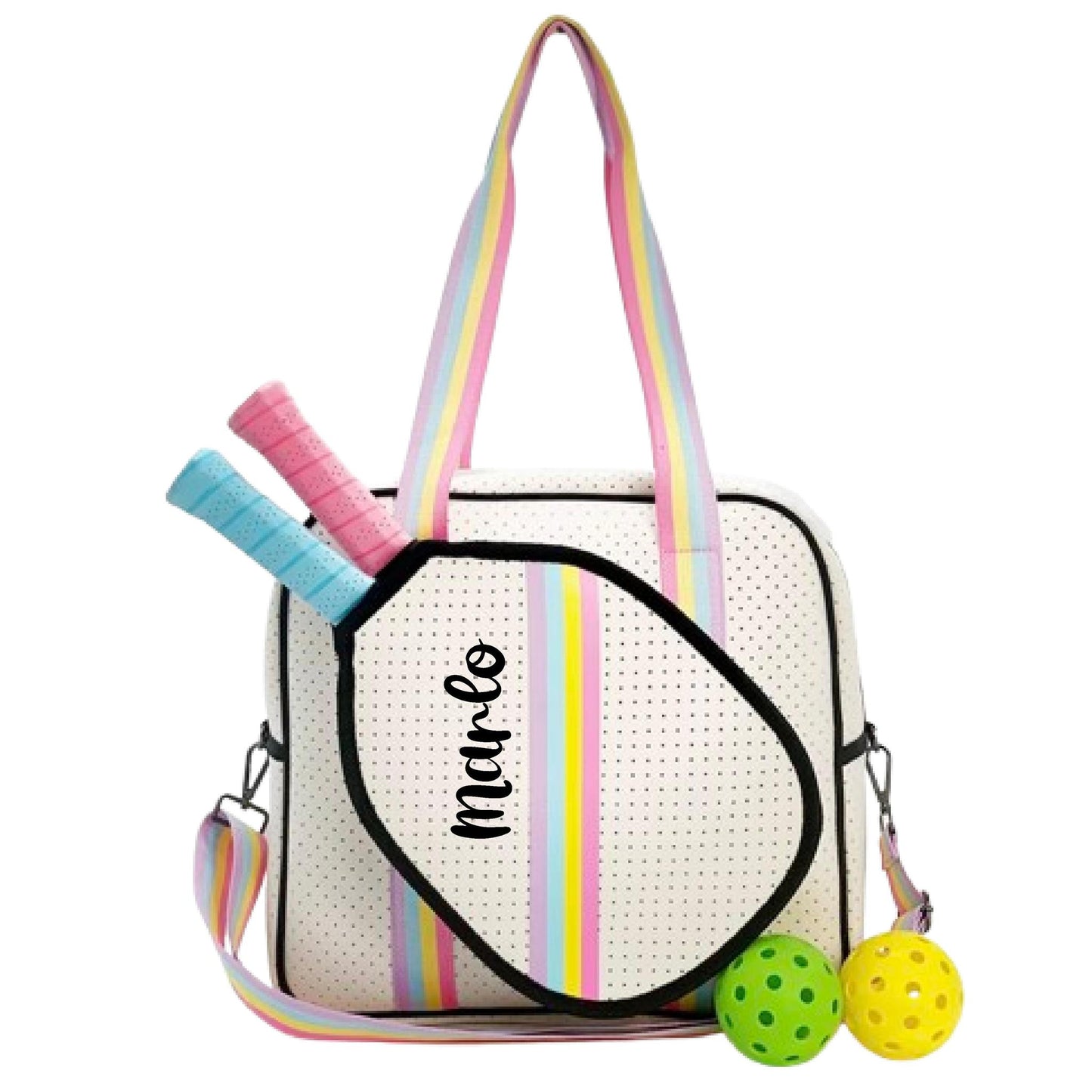 "Rainbow Bliss" White with Pink/Blue/Yellow Trim Pickleball Sports Bag (Free Customization) | Medium Size Court Bag