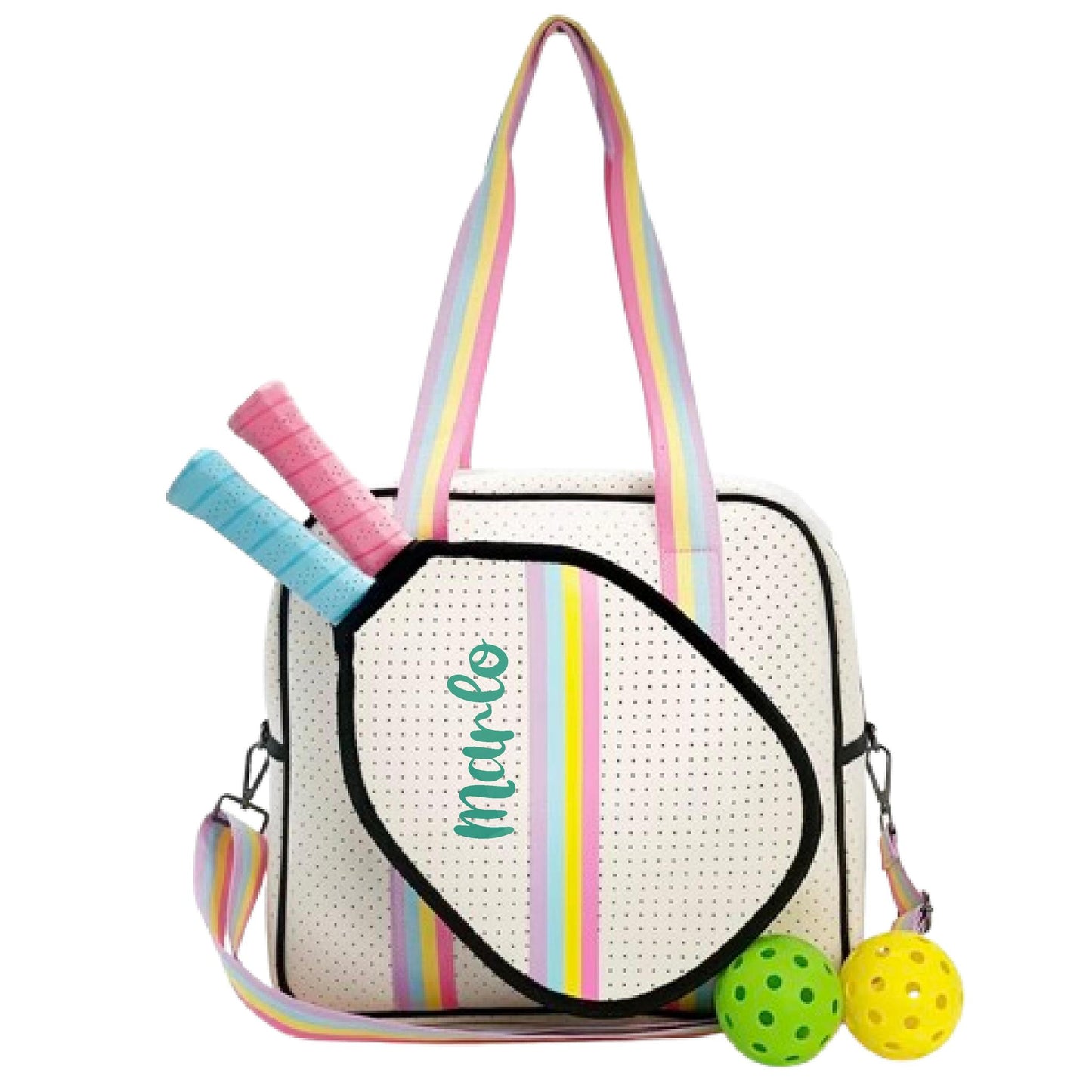 "Rainbow Bliss" White with Pink/Blue/Yellow Trim Pickleball Sports Bag (Free Customization) | Medium Size Court Bag