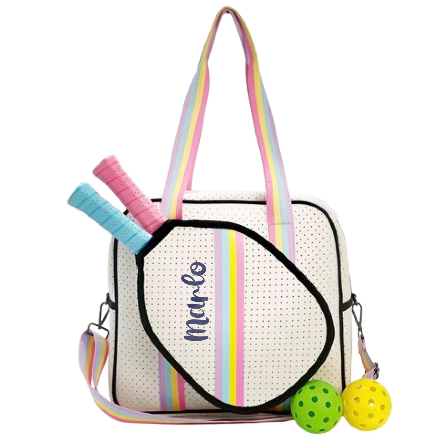 "Rainbow Bliss" White with Pink/Blue/Yellow Trim Pickleball Sports Bag (Free Customization) | Medium Size Court Bag