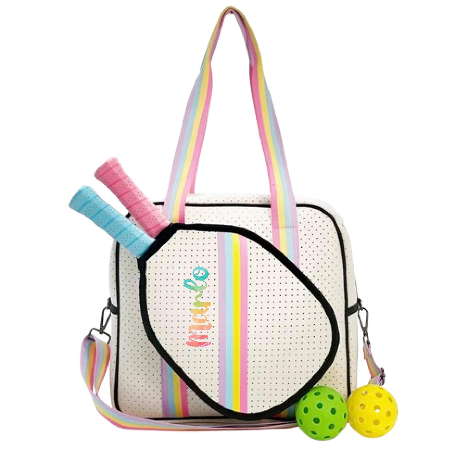 "Rainbow Bliss" White with Pink/Blue/Yellow Trim Pickleball Sports Bag (Free Customization) | Medium Size Court Bag