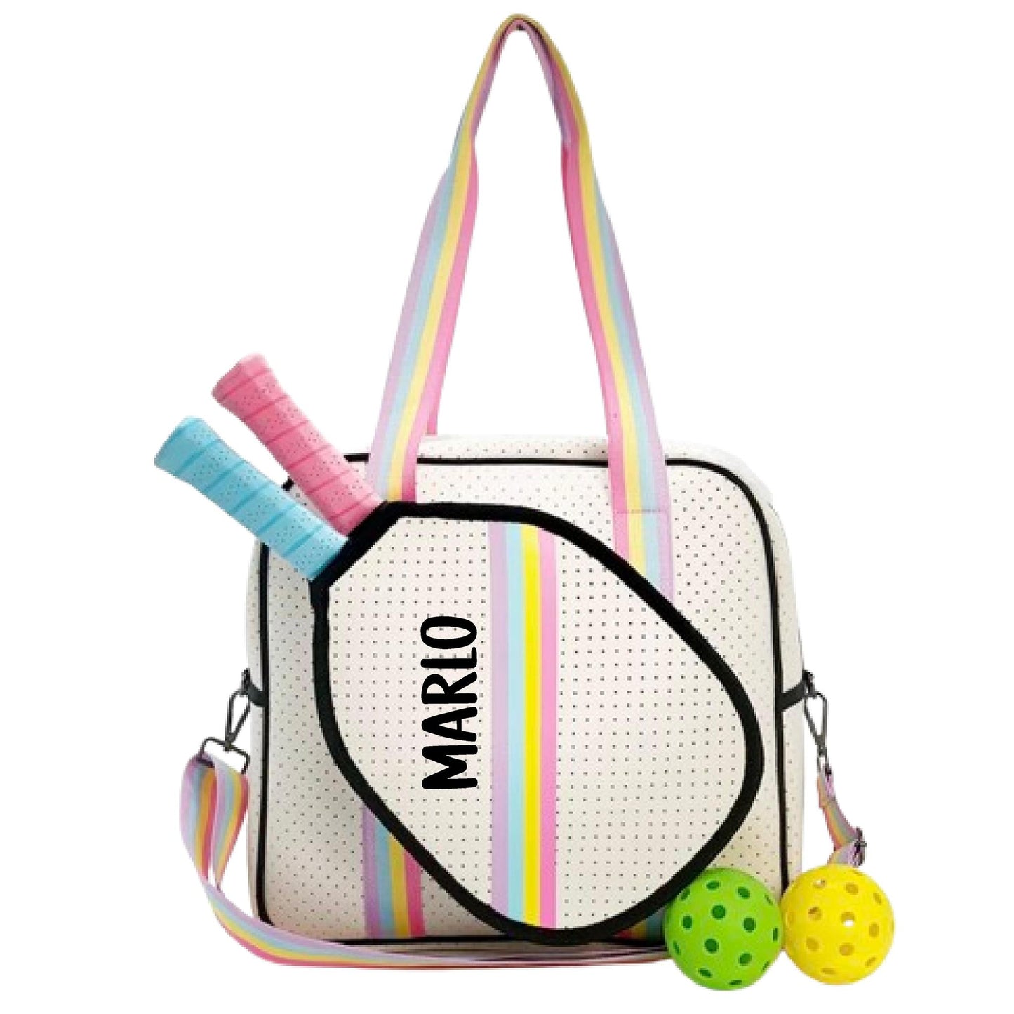 "Rainbow Bliss" White with Pink/Blue/Yellow Trim Pickleball Sports Bag (Free Customization) | Medium Size Court Bag