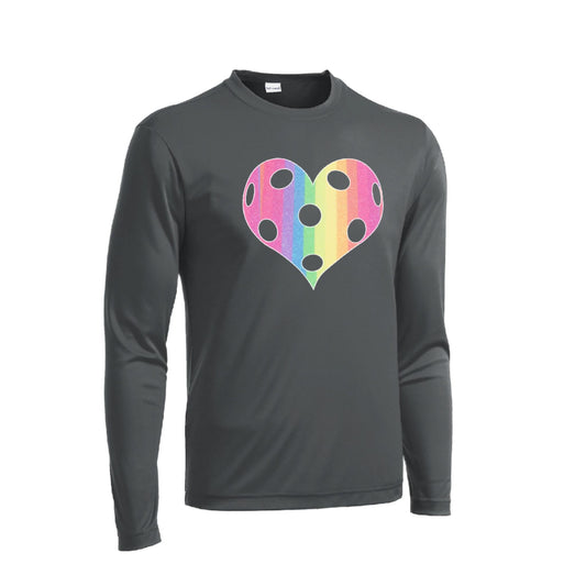 Rainbow Pickleball Heart | Men's Long Sleeve Athletic Performance T-Shirt | 100% Polyester