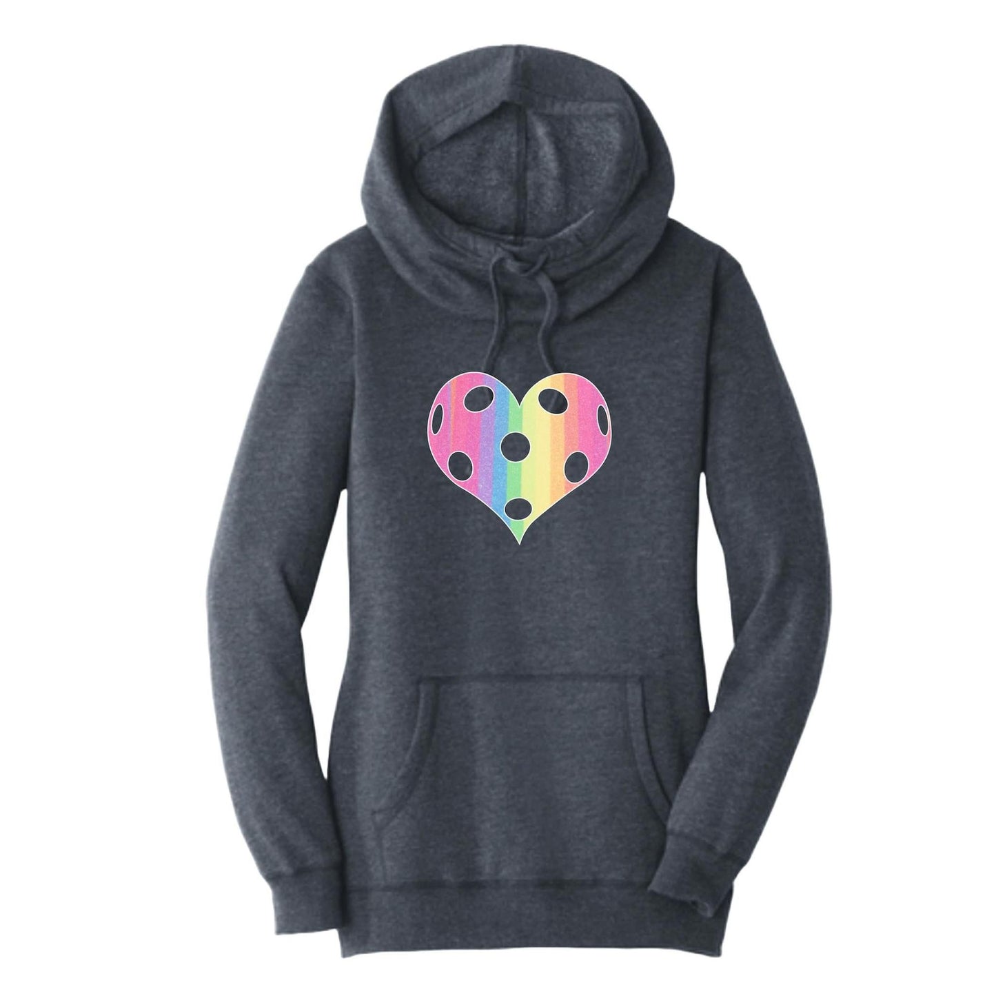 Rainbow Pickleball Heart | Women’s Cowl-Neck Hoodie Pickleball Sweatshirt | 55% Cotton 45% Poly Fleece