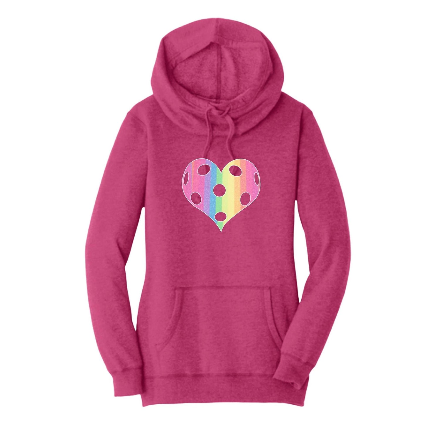 Rainbow Pickleball Heart | Women’s Cowl-Neck Hoodie Pickleball Sweatshirt | 55% Cotton 45% Poly Fleece