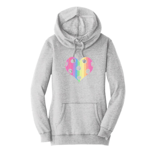 Rainbow Pickleball Heart | Women’s Cowl-Neck Hoodie Pickleball Sweatshirt | 55% Cotton 45% Poly Fleece