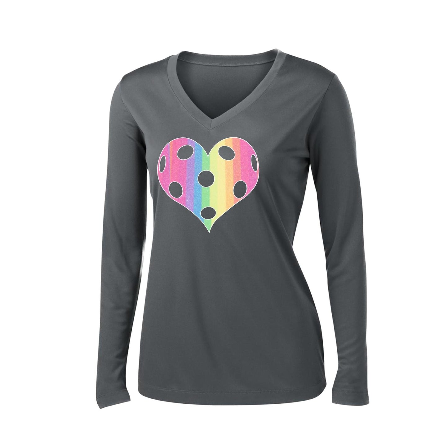 Rainbow Pickleball Heart | Women’s Long Sleeve V-Neck Pickleball Performance T-Shirt | 100% Polyester