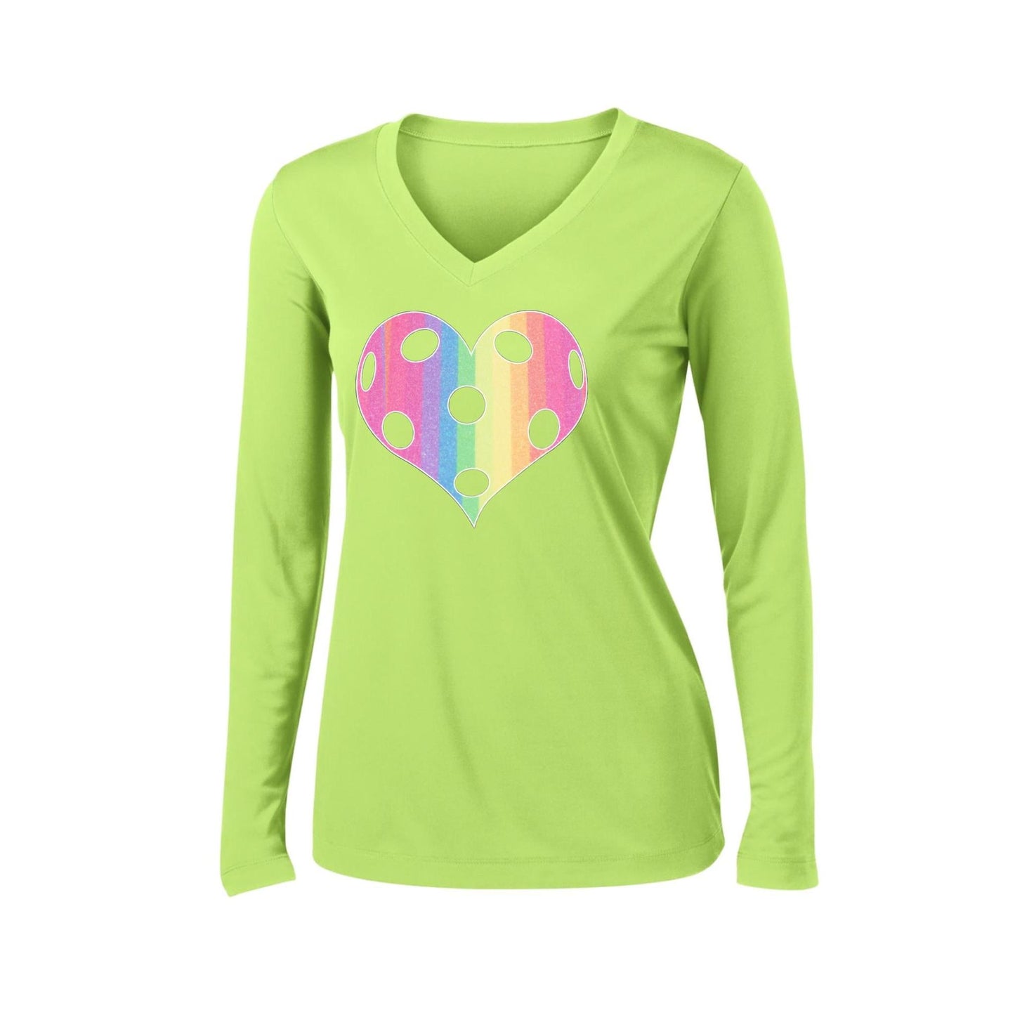 Rainbow Pickleball Heart | Women’s Long Sleeve V-Neck Pickleball Performance T-Shirt | 100% Polyester