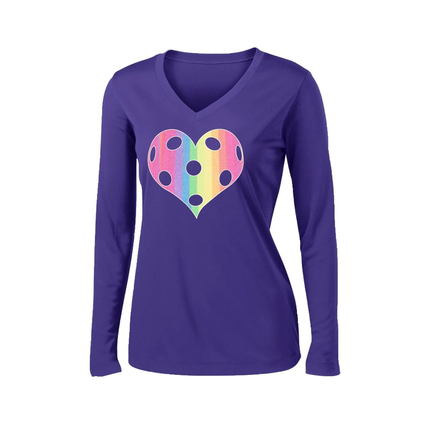 Rainbow Pickleball Heart | Women’s Long Sleeve V-Neck Pickleball Performance T-Shirt | 100% Polyester