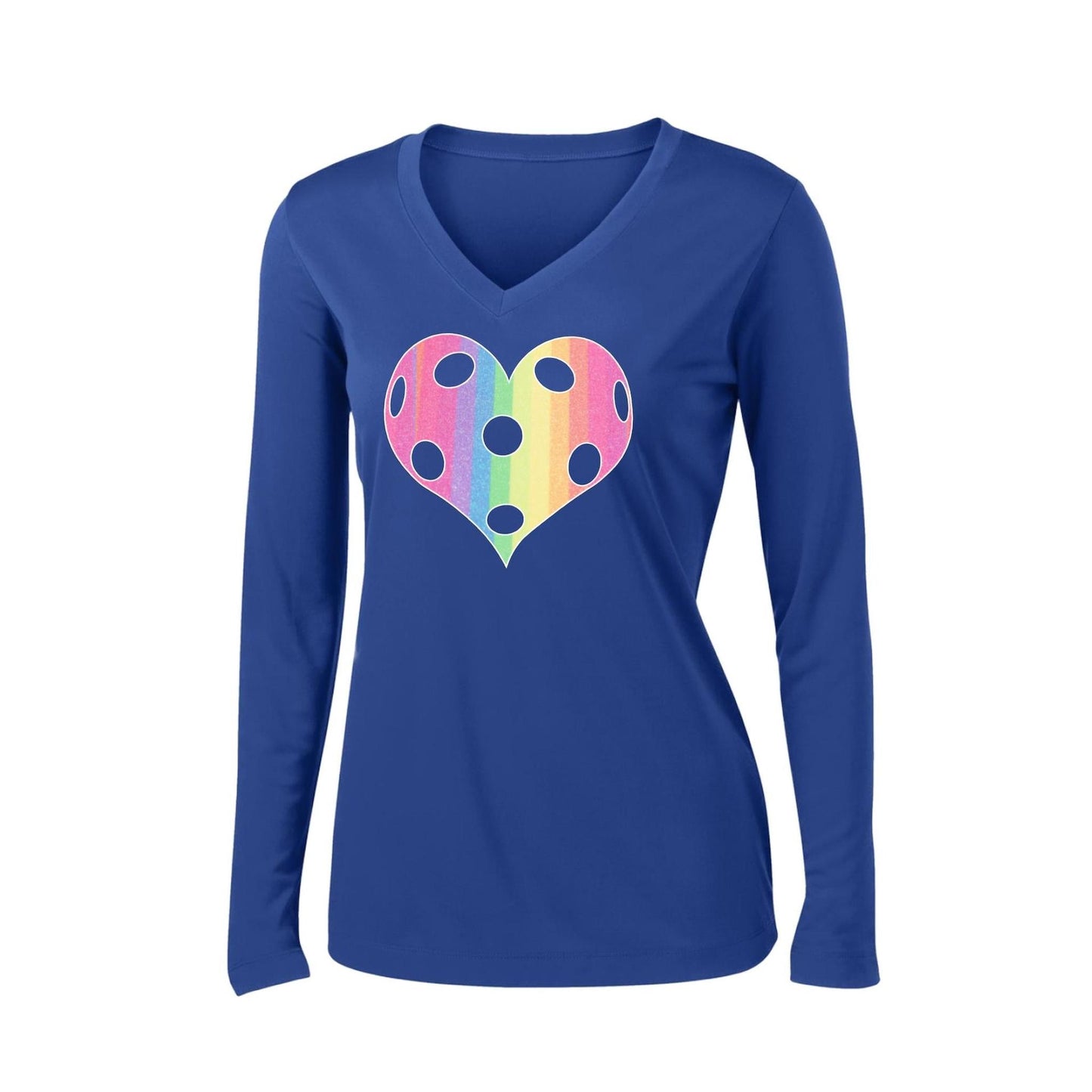 Rainbow Pickleball Heart | Women’s Long Sleeve V-Neck Pickleball Performance T-Shirt | 100% Polyester