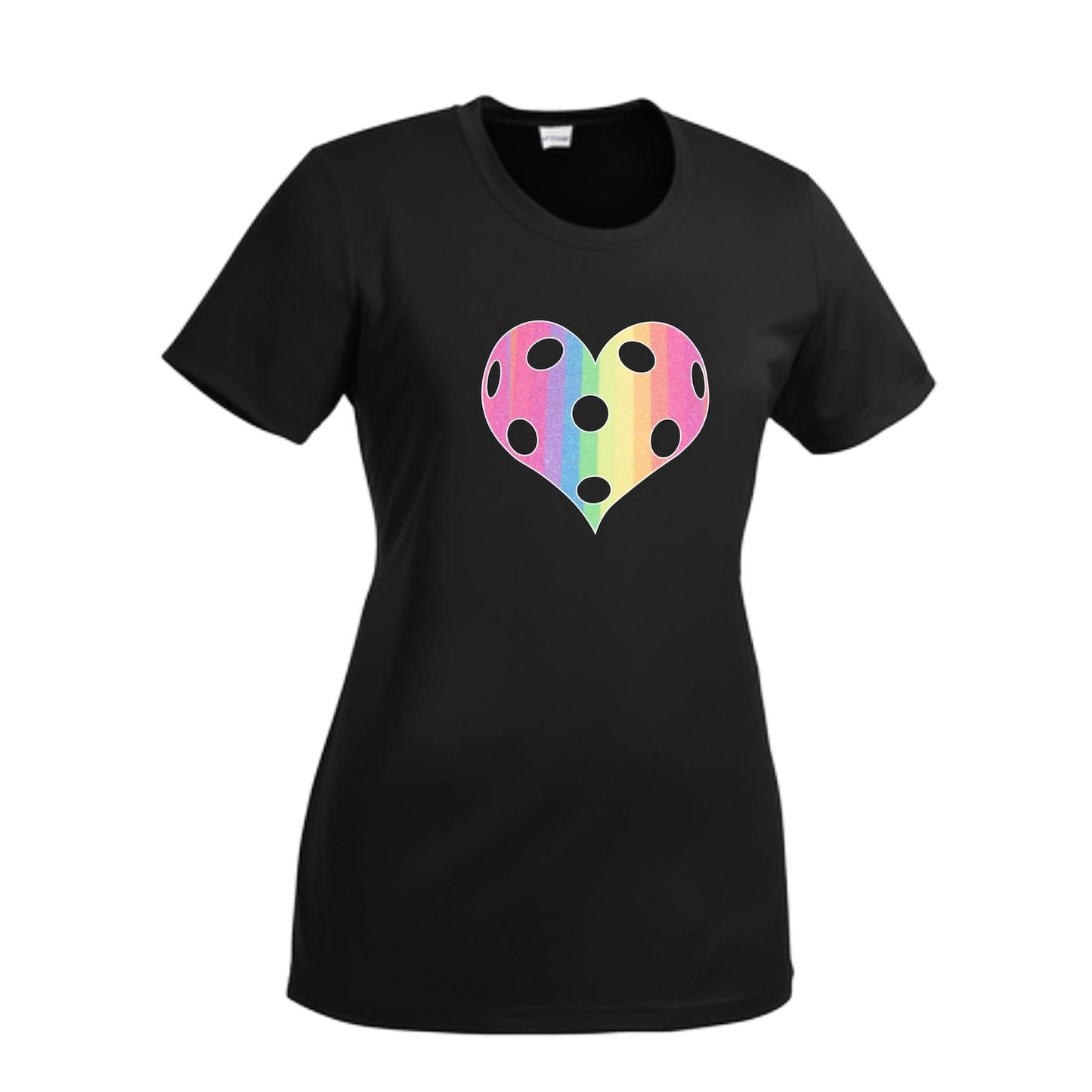 Rainbow Pickleball Heart | Women’s Short Sleeve Crewneck Pickleball T-Shirts | 100% Polyester
