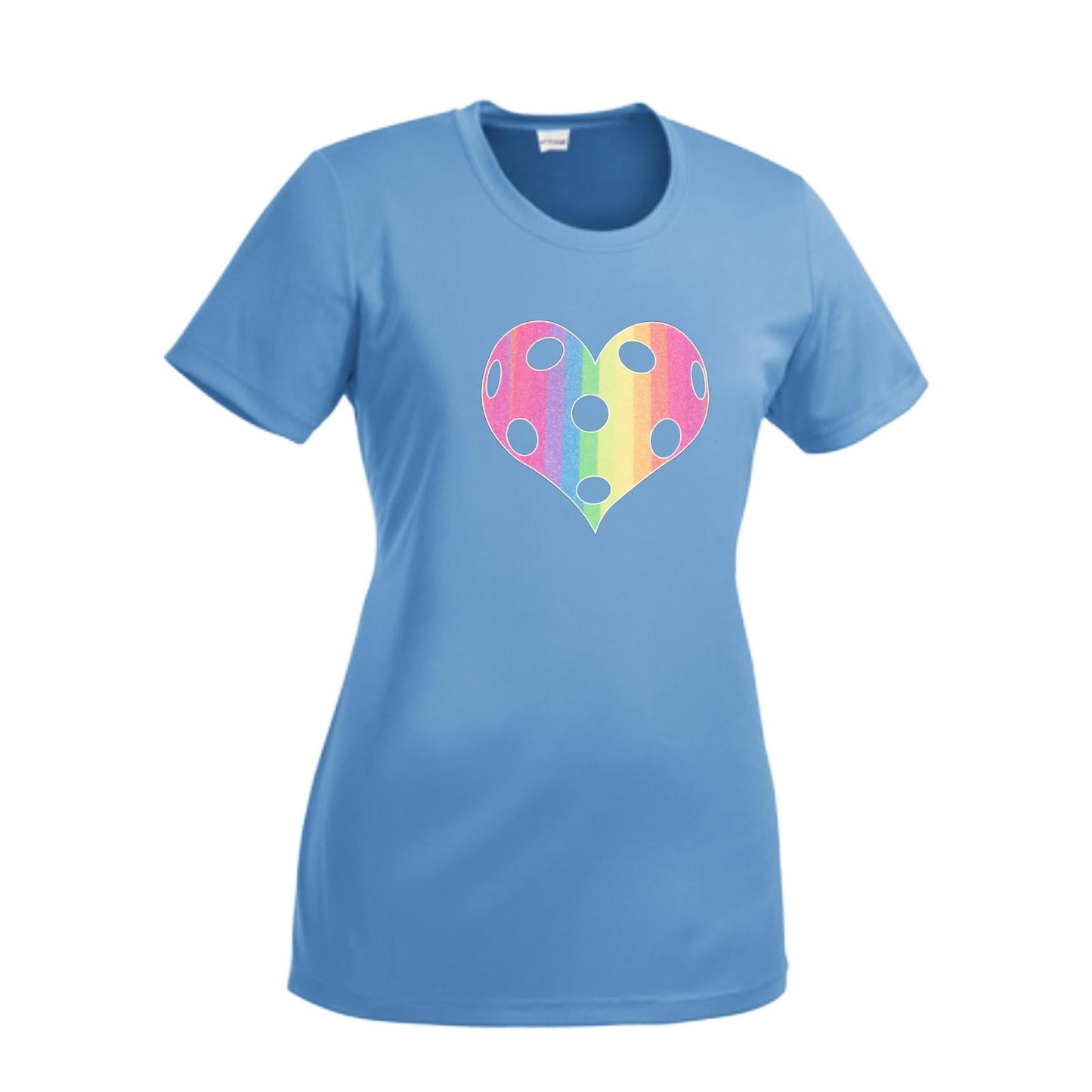 Rainbow Pickleball Heart | Women’s Short Sleeve Crewneck Pickleball T-Shirts | 100% Polyester