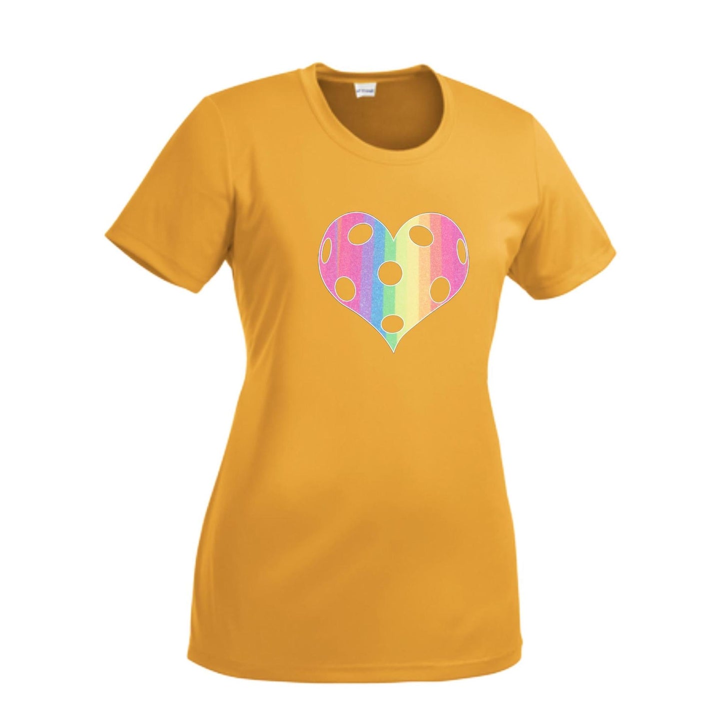 Rainbow Pickleball Heart | Women’s Short Sleeve Crewneck Pickleball T-Shirts | 100% Polyester