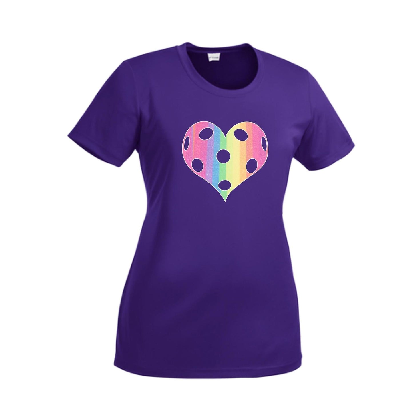 Rainbow Pickleball Heart | Women’s Short Sleeve Crewneck Pickleball T-Shirts | 100% Polyester