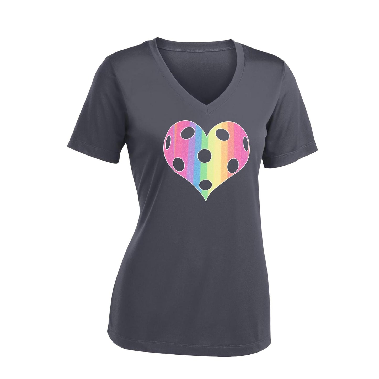 Rainbow Pickleball Heart | Women's Short Sleeve V-Neck Pickleball T-Shirts | 100% Polyester