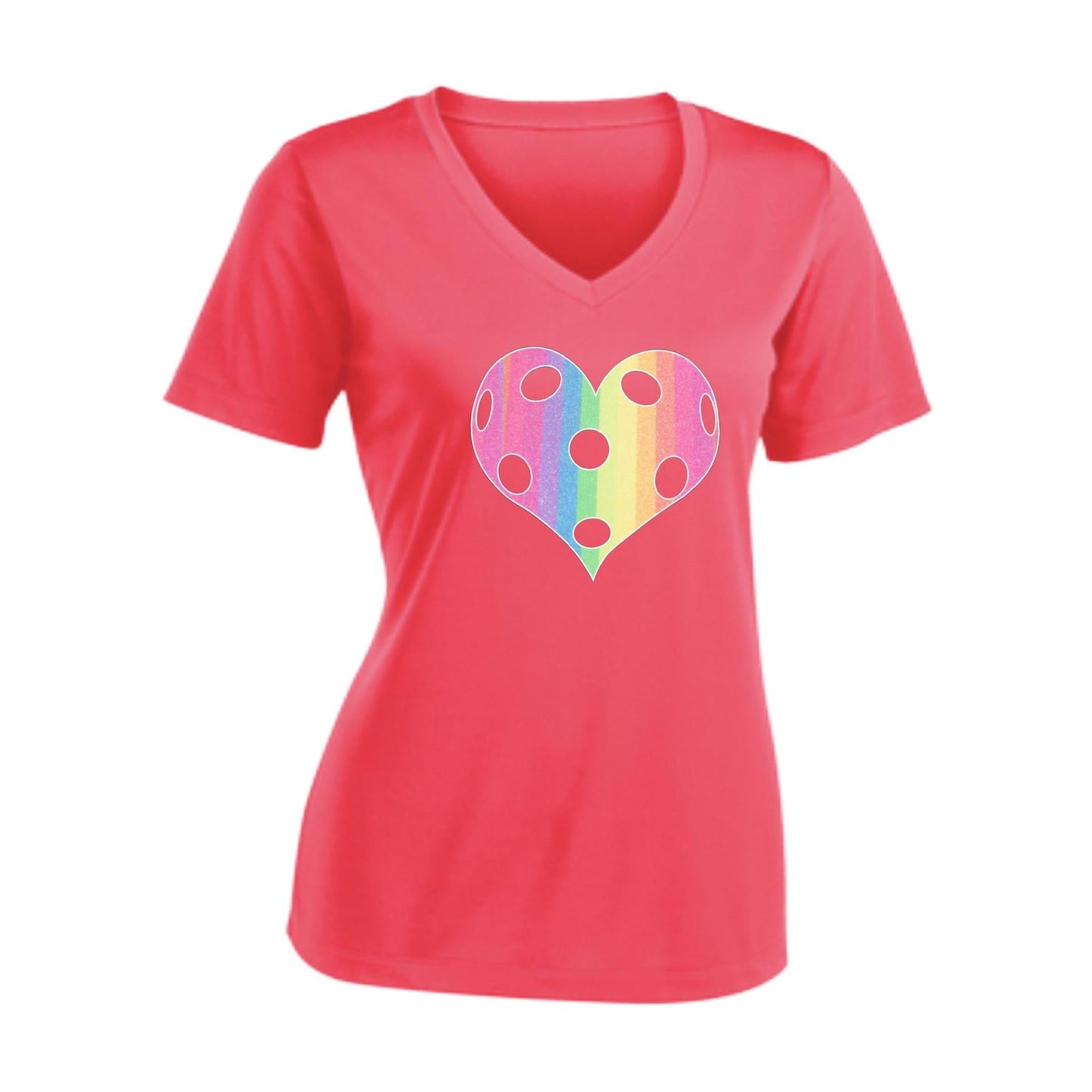 Rainbow Pickleball Heart | Women's Short Sleeve V-Neck Pickleball T-Shirts | 100% Polyester