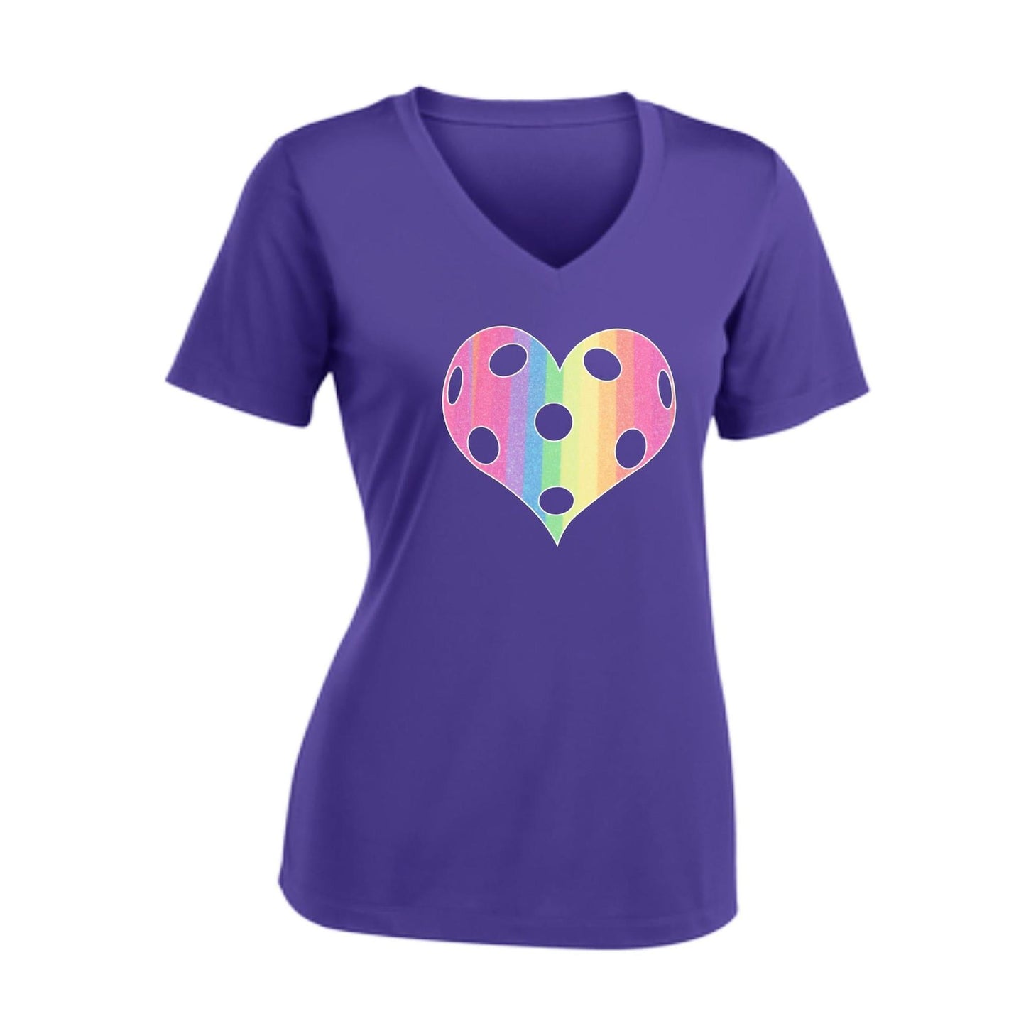 Rainbow Pickleball Heart | Women's Short Sleeve V-Neck Pickleball T-Shirts | 100% Polyester