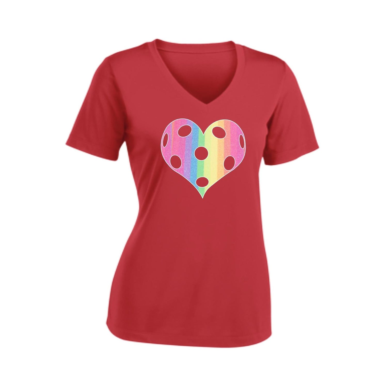 Rainbow Pickleball Heart | Women's Short Sleeve V-Neck Pickleball T-Shirts | 100% Polyester