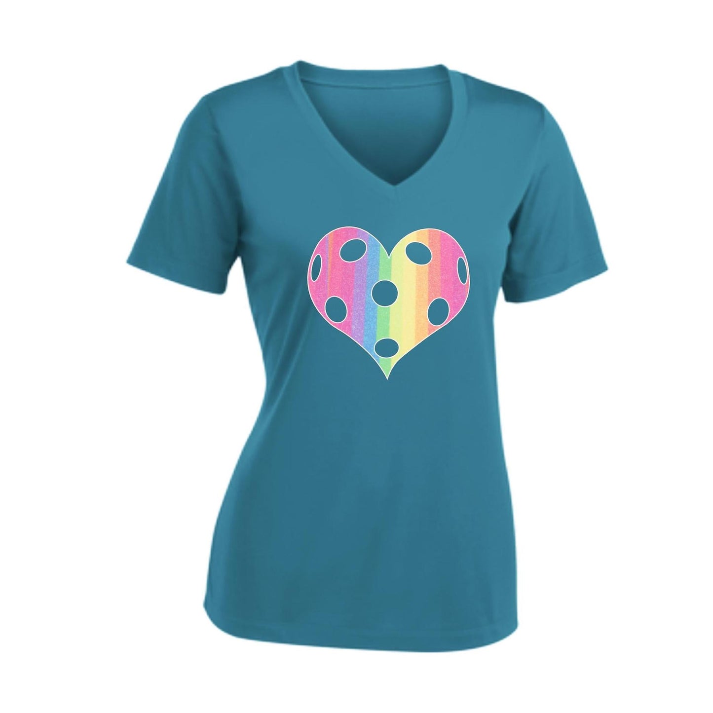 Rainbow Pickleball Heart | Women's Short Sleeve V-Neck Pickleball T-Shirts | 100% Polyester