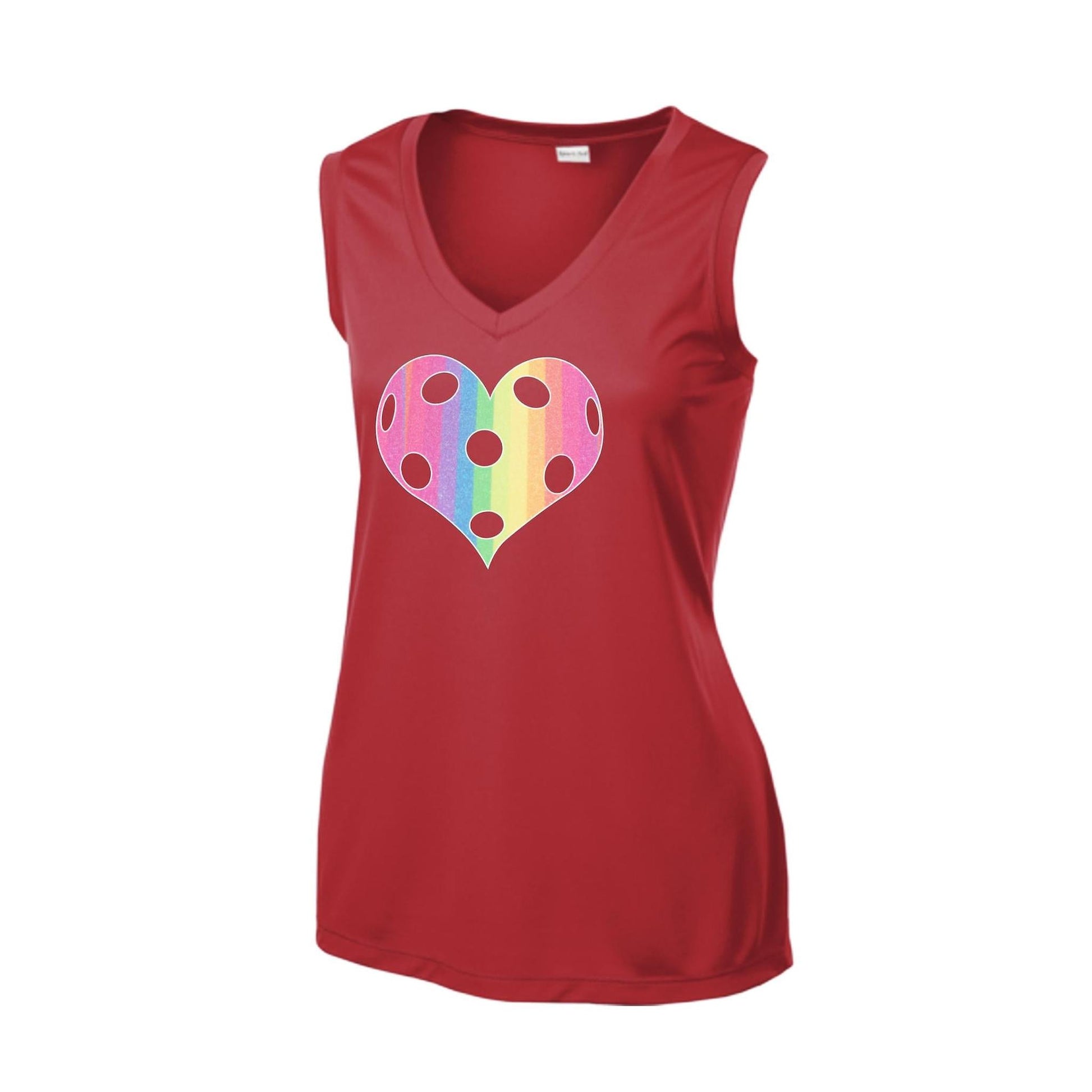 Rainbow Pickleball Heart | Women’s Sleeveless Athletic Performance T-Shirt | 100% Polyester
