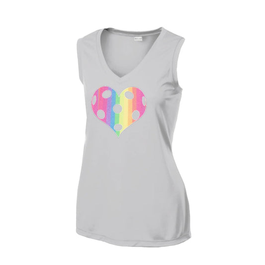 Rainbow Pickleball Heart | Women’s Sleeveless Athletic Performance T-Shirt | 100% Polyester