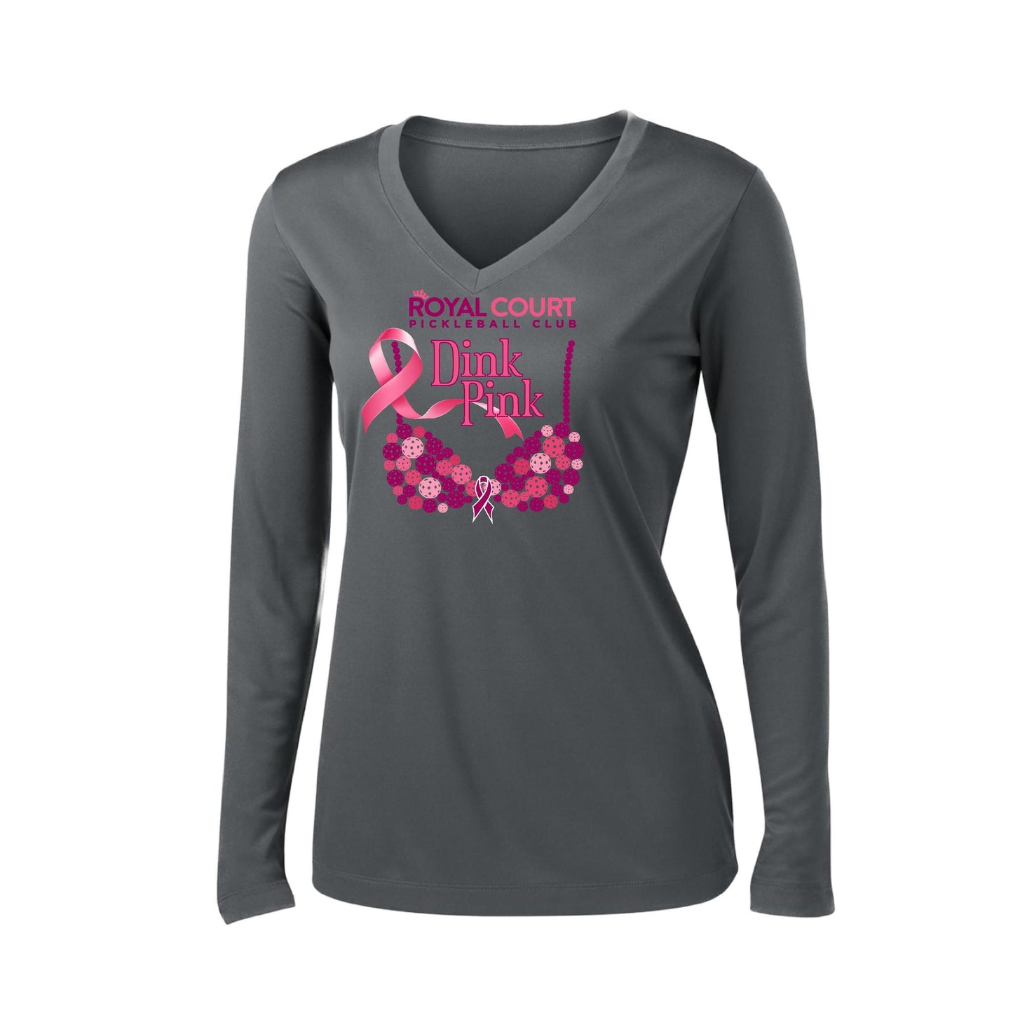Royal Court Dink Pink | Women’s Long Sleeve V-Neck Pickleball Performance T-Shirt | 100% Polyester