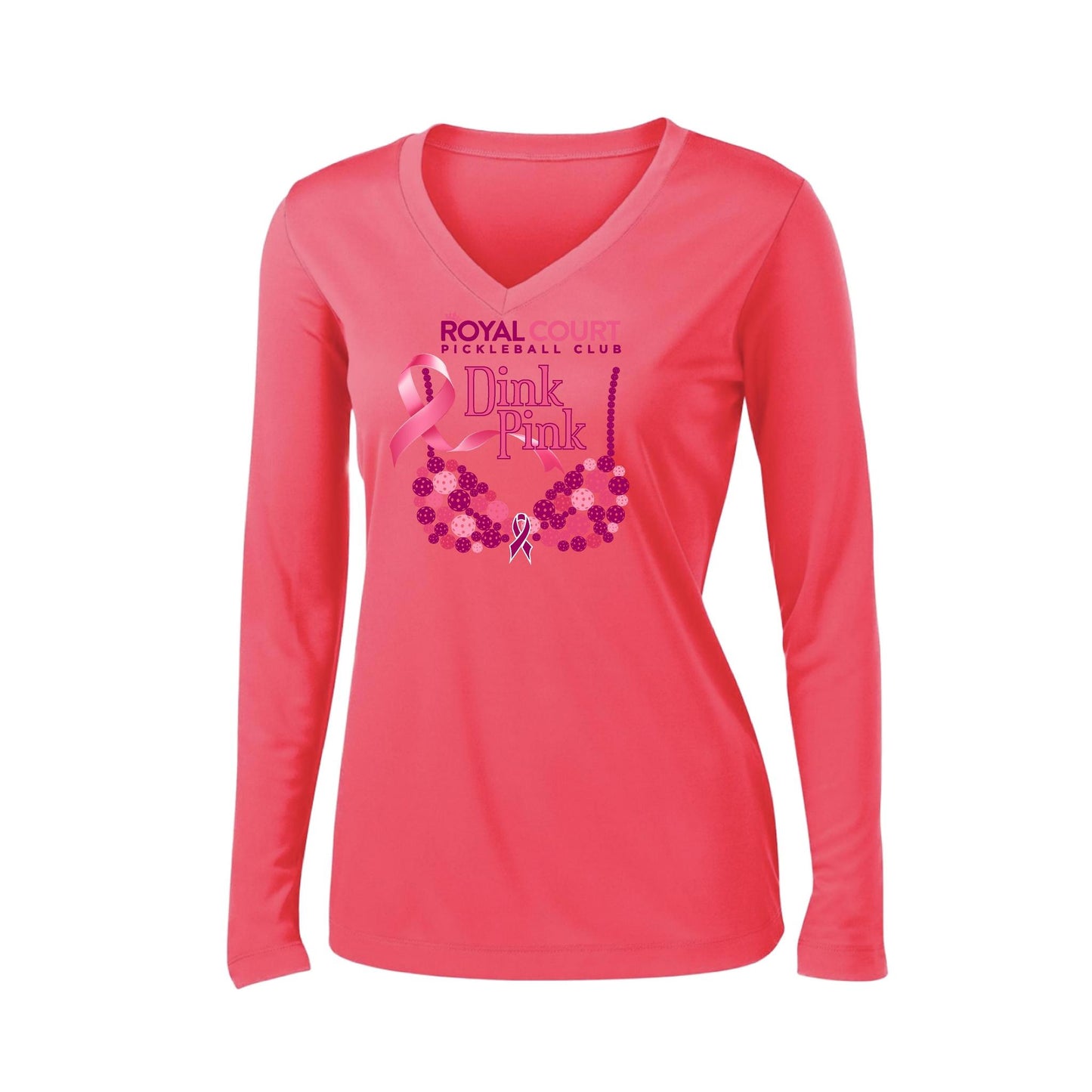 Royal Court Dink Pink | Women’s Long Sleeve V-Neck Pickleball Performance T-Shirt | 100% Polyester