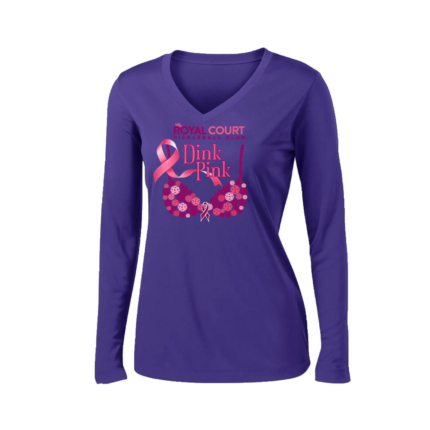 Royal Court Dink Pink | Women’s Long Sleeve V-Neck Pickleball Performance T-Shirt | 100% Polyester