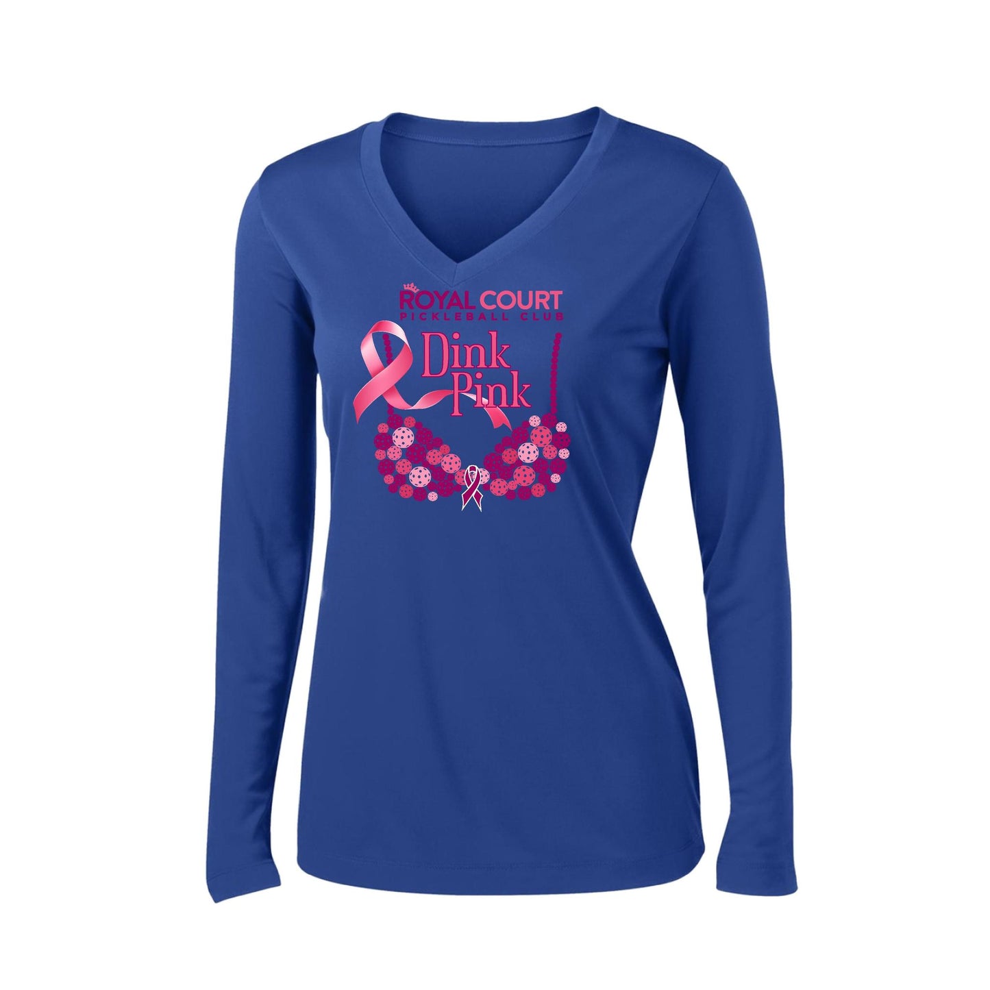 Royal Court Dink Pink | Women’s Long Sleeve V-Neck Pickleball Performance T-Shirt | 100% Polyester