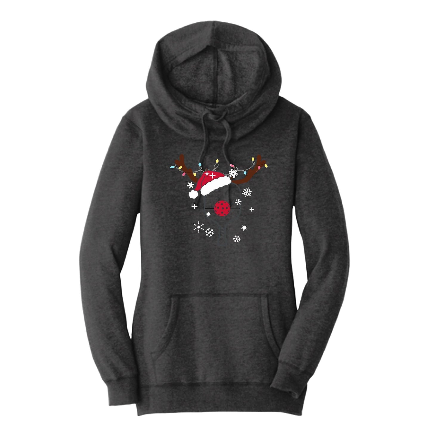 Rudolph The Pickling Reindeer Paddle | Women’s Cowl-Neck Hoodie Pickleball Sweatshirt | 55% Cotton 45% Poly Fleece