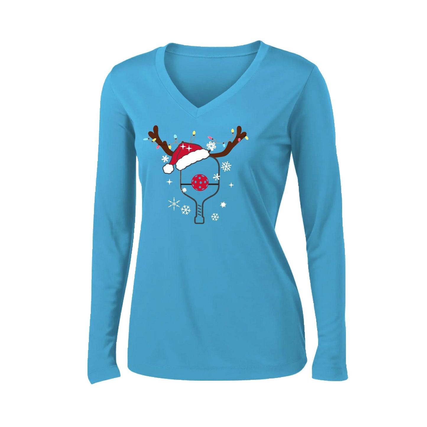 Rudolph The Pickling Reindeer Paddle | Women’s Long Sleeve V-Neck Pickleball Performance T-Shirt | 100% Polyester