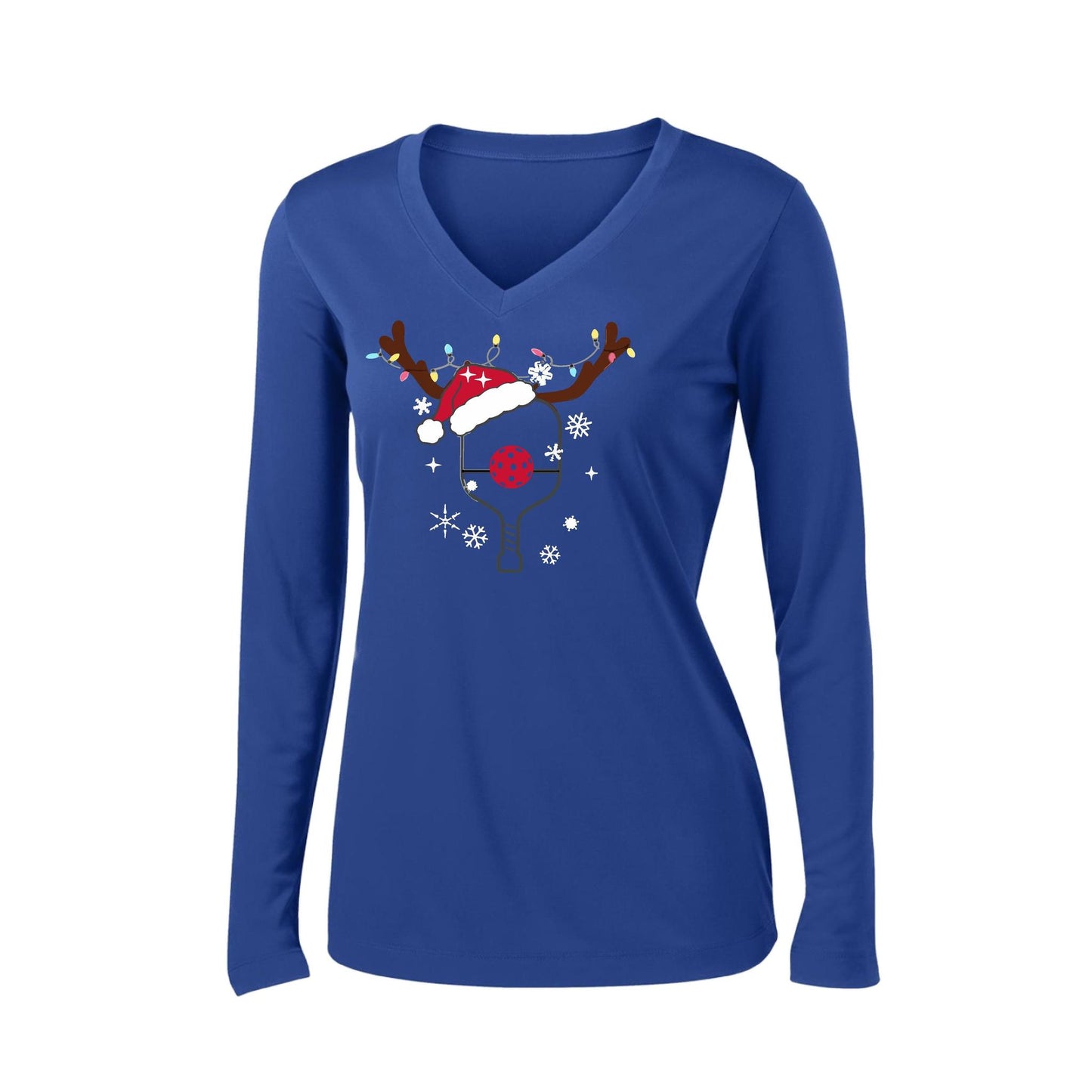 Rudolph The Pickling Reindeer Paddle | Women’s Long Sleeve V-Neck Pickleball Performance T-Shirt | 100% Polyester